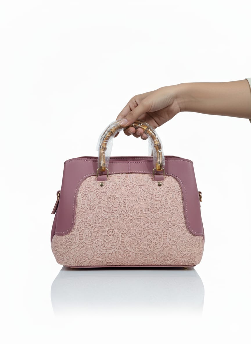Elegant Blush Pink Lace Satchel with Natural Bamboo Handle