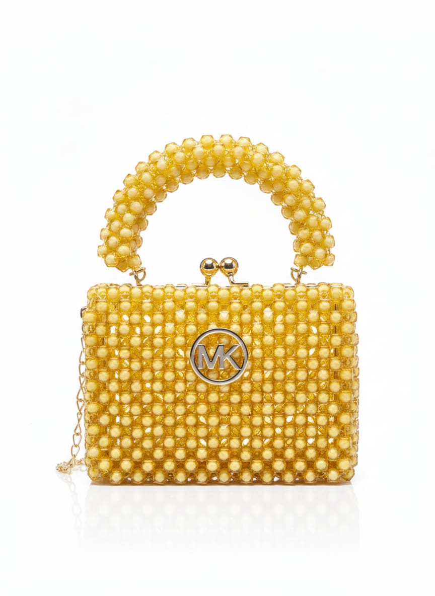 Sparkling Gold Beaded Top-Handle Bag with MK Style Embellishment - Unique Clutch