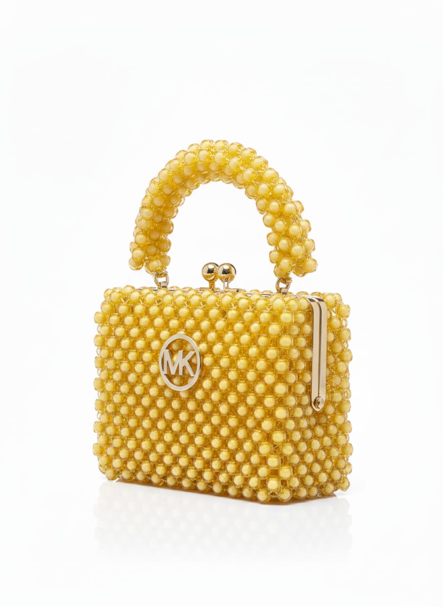 Sparkling Gold Beaded Top-Handle Bag with MK Style Embellishment - Unique Clutch