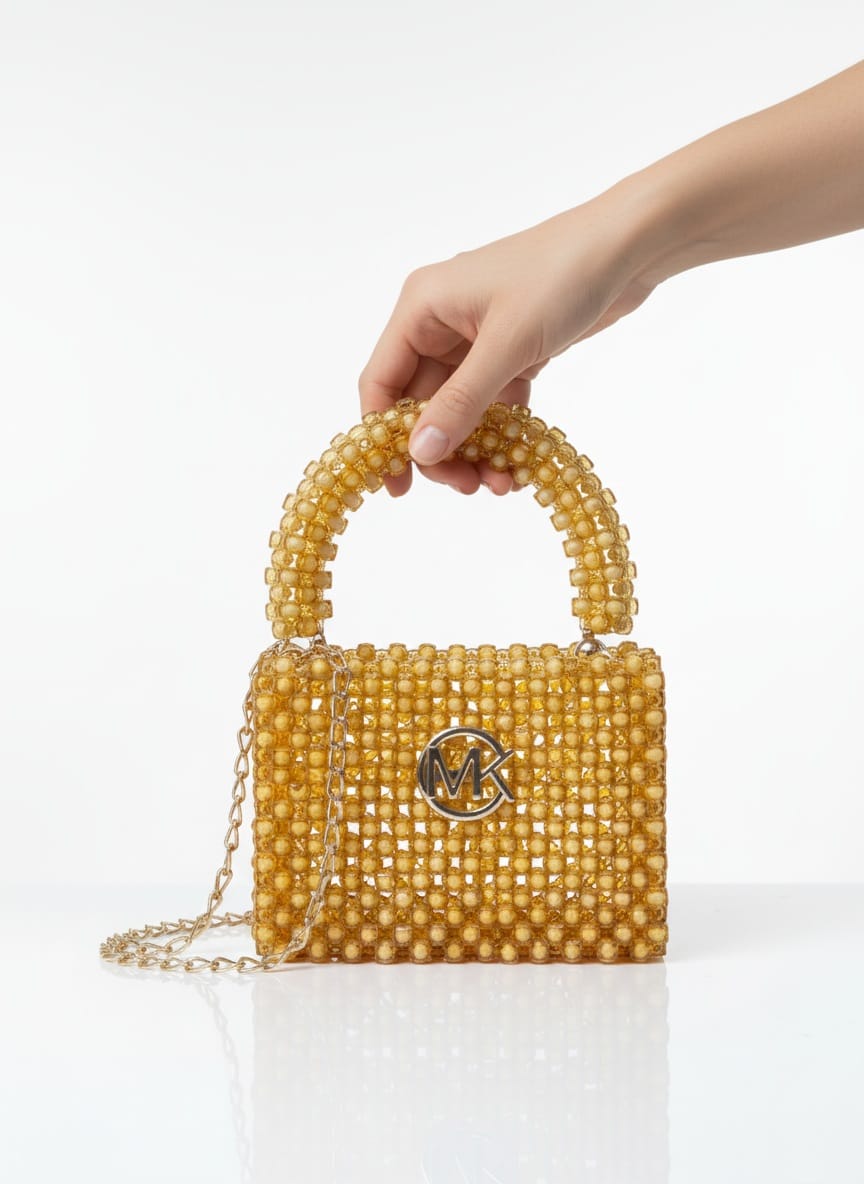 Sparkling Gold Beaded Top-Handle Bag with MK Style Embellishment - Unique Clutch