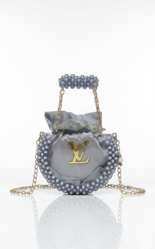 Chic Grey Beaded Crescent Bag (LV Style)