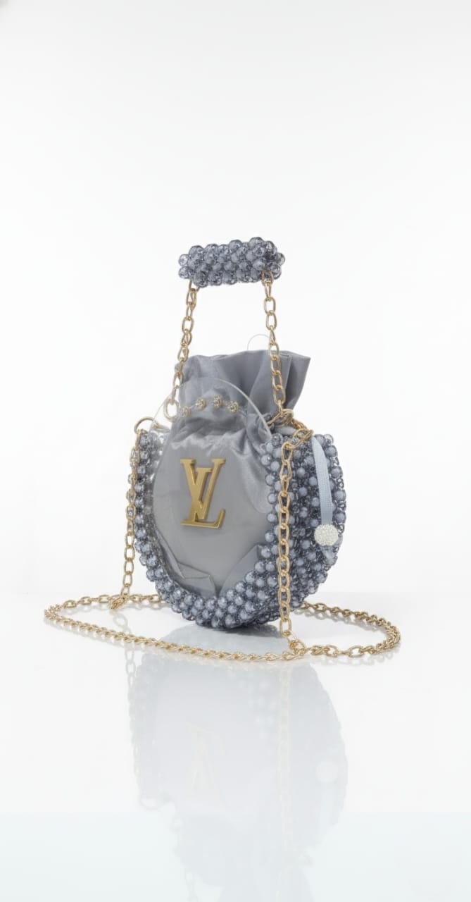 Chic Grey Beaded Crescent Bag (LV Style)