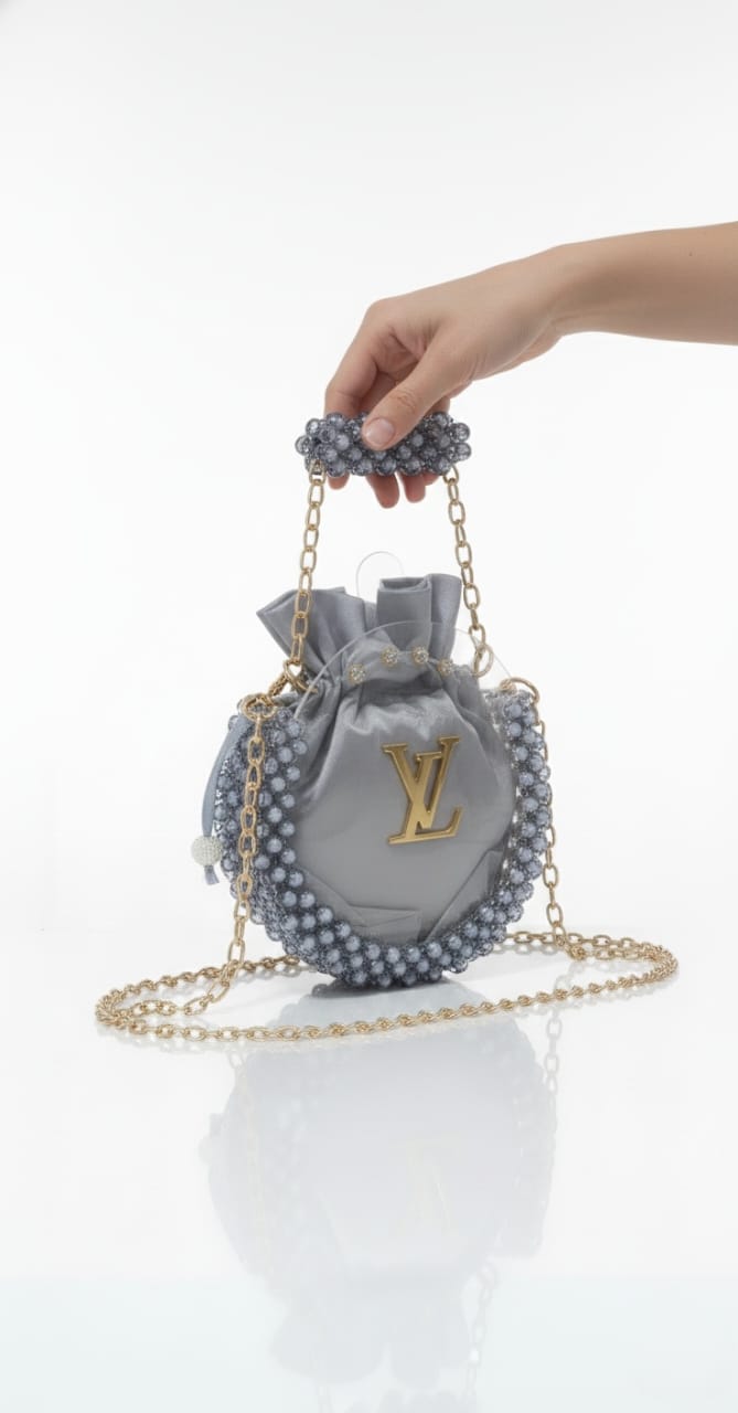 Chic Grey Beaded Crescent Bag (LV Style)