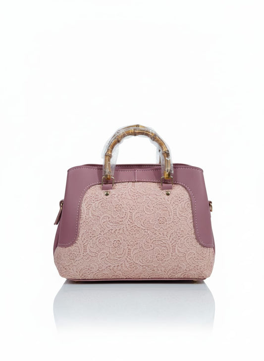 Elegant Blush Pink Lace Satchel with Natural Bamboo Handle