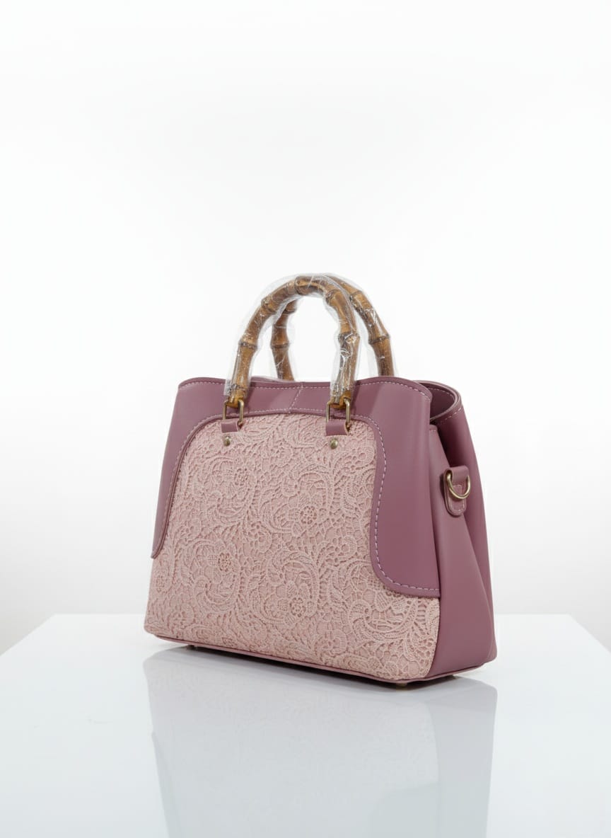Elegant Blush Pink Lace Satchel with Natural Bamboo Handle