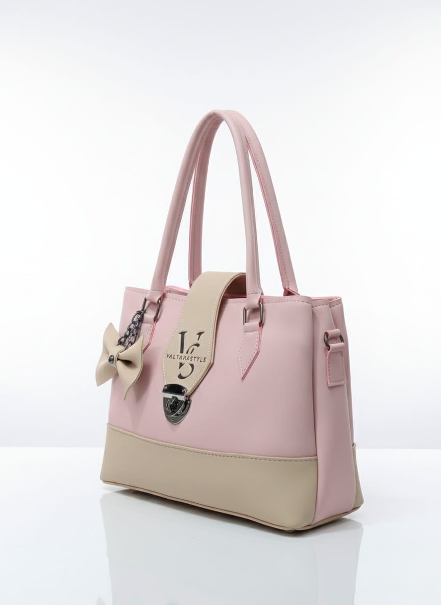 Chic Two-Tone Pink and Beige Tote Bag with Charm Accent